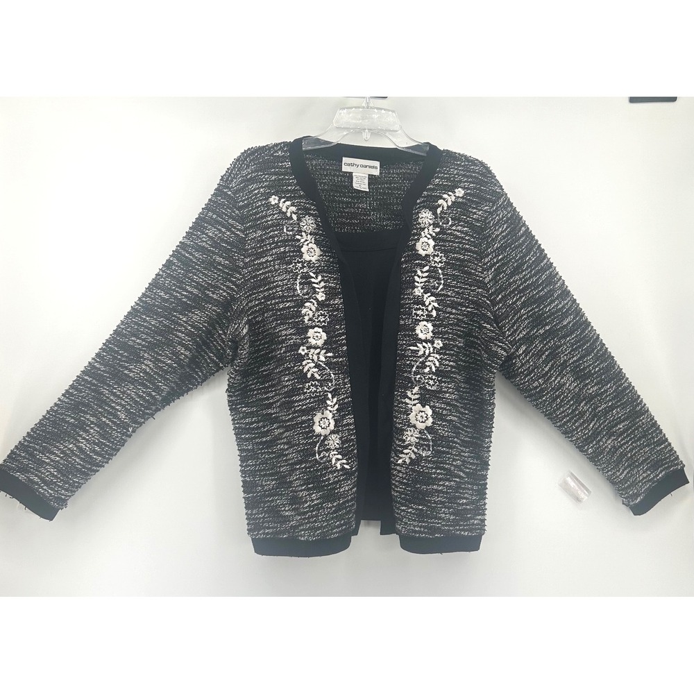 Cathy Daniels Womens XL Black White Floral Embroidered Sequin Open Cardigan